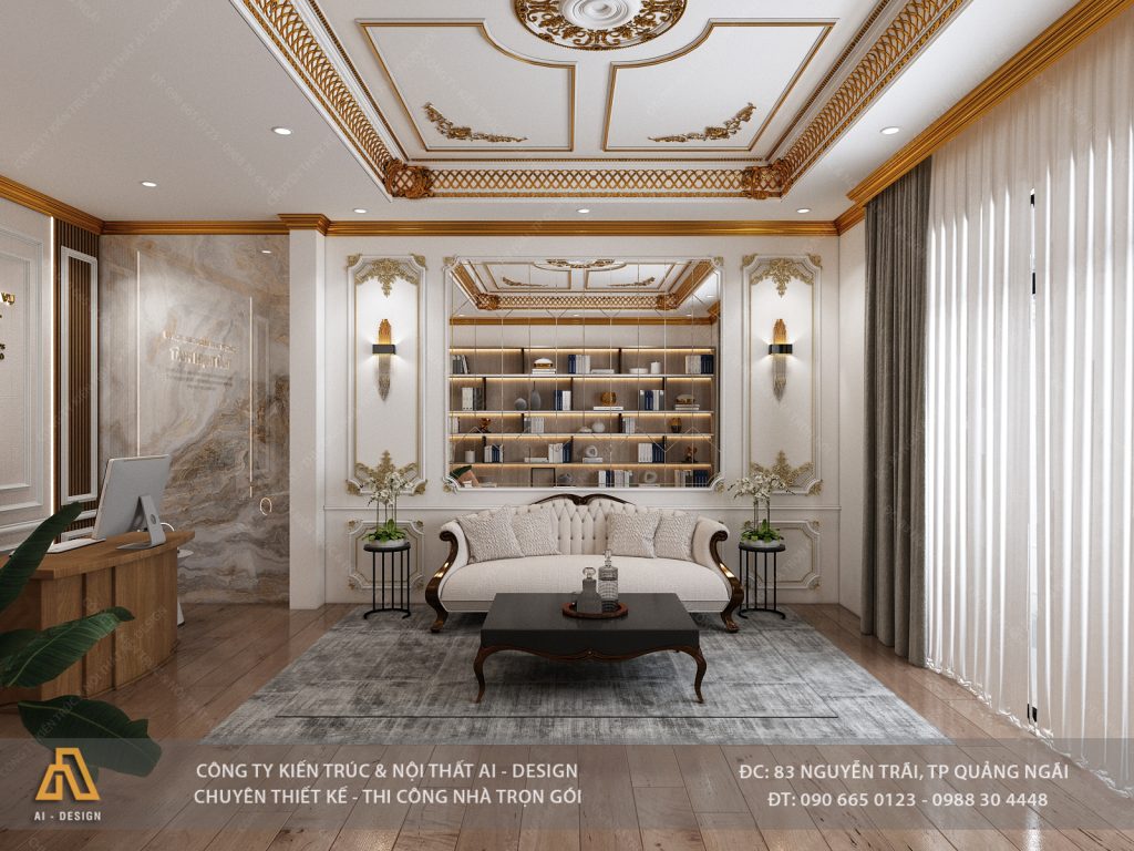 Khu vực tiếp khách văn phòng phong cách tân cổ điển với sofa bo viền gỗ và trần phào chỉ mạ vàng sang trọng